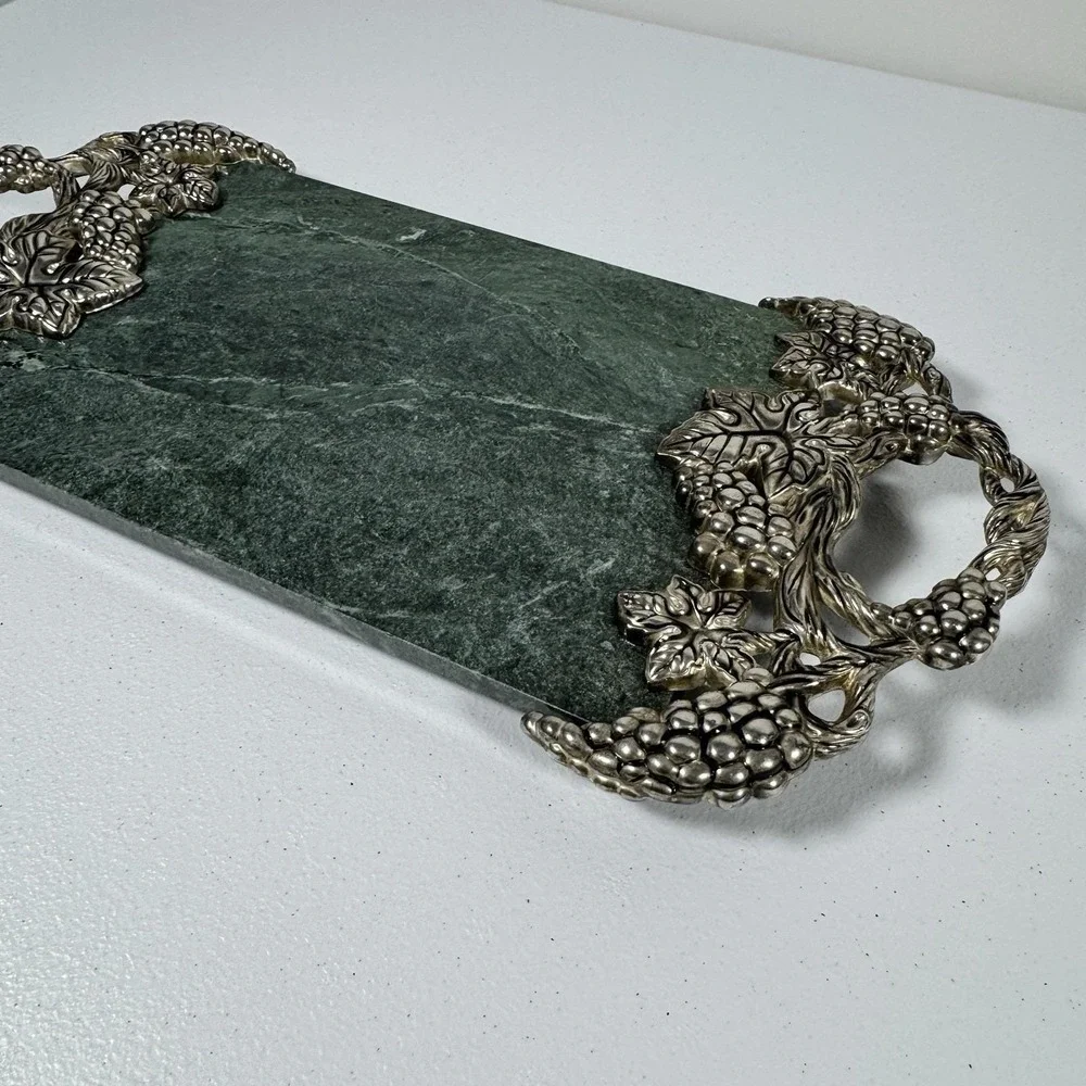 Goldinger Green Marble Silverplate Cheese Serving Plate Handles Grape‎ Leaves
